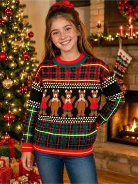 Ugly Christmas Sweater Knitwaves Teddy Bears Girl’s Size Small Petite